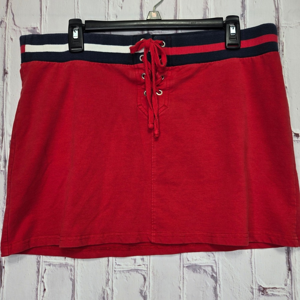 Y2K Tommy Girl Skirt Red Lace Up Sporty Preppy Mini Skirt Cotton Stretch Women L